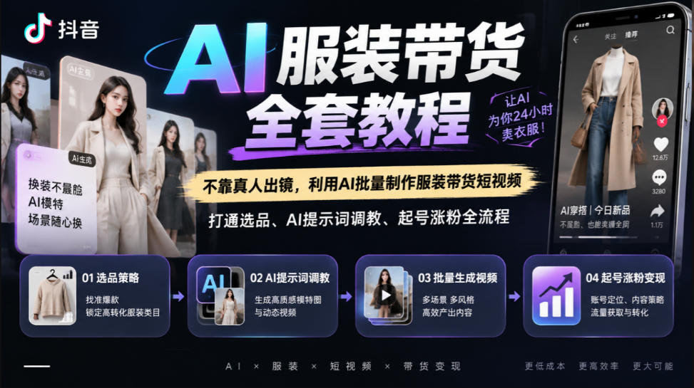 抖音AI服装带货全套教程，不靠真人出镜，利用AI批量制作服装带货短视频，打通选品、AI提示词调教、起号涨粉全流程-优优云网创