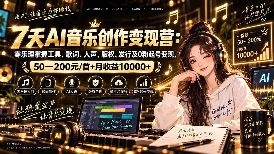 (20442期)AI音乐创作变现营:零乐理掌握工具、歌词、人声、版权、发行及0粉起号变现,50—200元/首+月收益10000+ (20442期)AI音乐创作变现营:零乐理掌握工具、歌词、人声、版权、发行及0粉起号变现,50—200元/首+月收益10000+