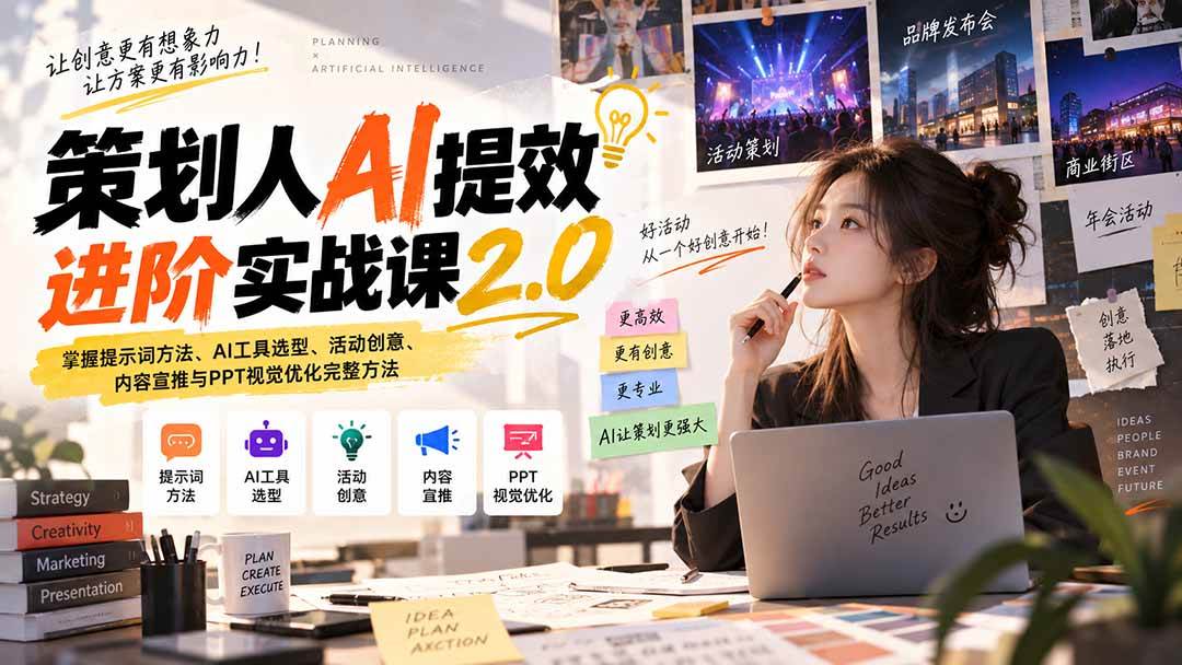 (20427期)策划人AI提效进阶实战课2.0:掌握提示词方法、AI工具选型、活动创意、内容宣推与PPT视觉优化完整方法-优优云网创