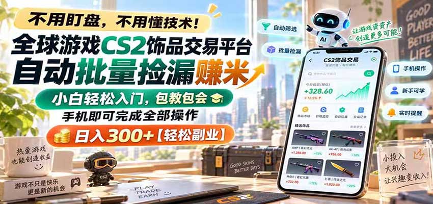 全球游戏CS2饰品交易平台自动批量捡漏赚米，手机即可完成全部操作，日入300+-优优云网创