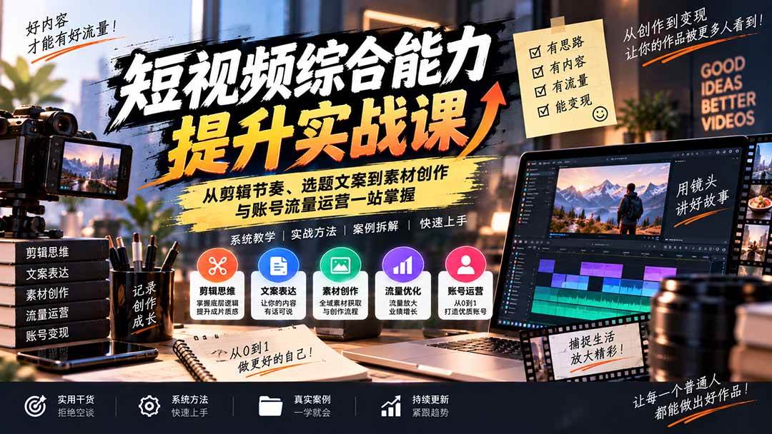 (20599期)短视频综合能力提升实战课:从剪辑节奏、选题文案到素材创作与账号流量运营一站掌握-优优云网创