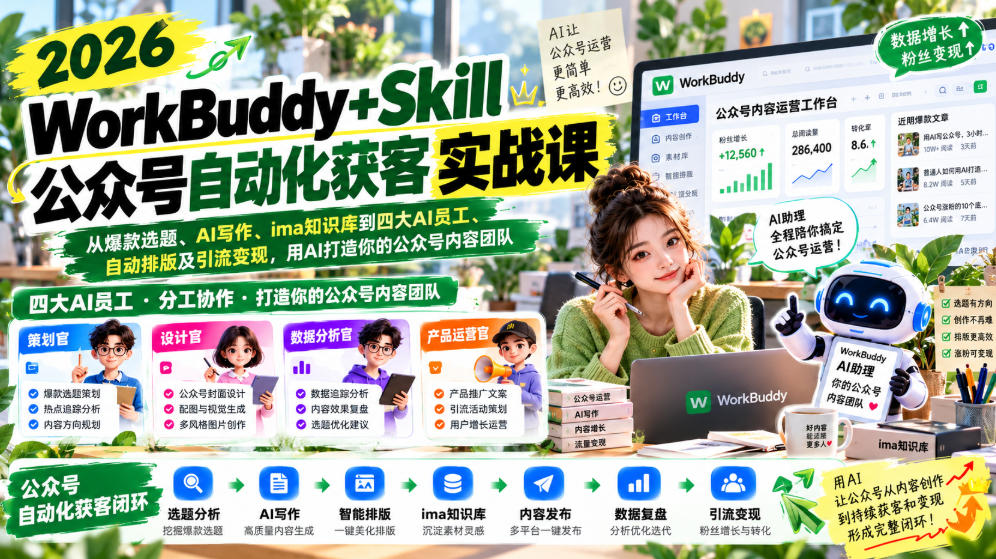 2026WorkBuddy+Skill公众号自动化获客实战课，从爆款选题、AI写作、ima知识库到四大AI员工、自动排版及引流变现，用AI打造你的公众号内容团队-优优云网创