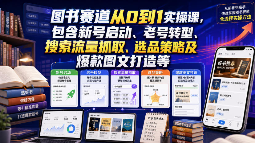 图书赛道从0到1实操课，包含新号启动、老号转型、搜索流量抓取、选品策略及爆款图文打造等-优优云网创