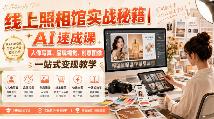 线上照相馆实战秘籍｜AI速成课，人像写真、品牌视觉、创意图像一站式变现教学-优优云网创
