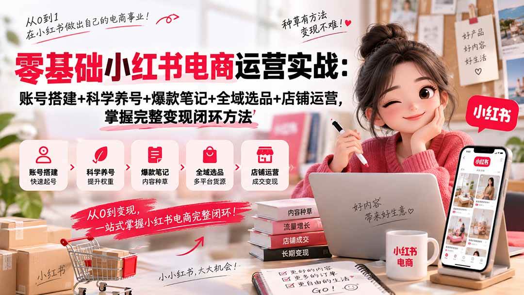 (20467期)零基础小红书电商运营实战:账号搭建+科学养号+爆款笔记+全域选品+店铺运营,掌握完整变现闭环方法-优优云网创