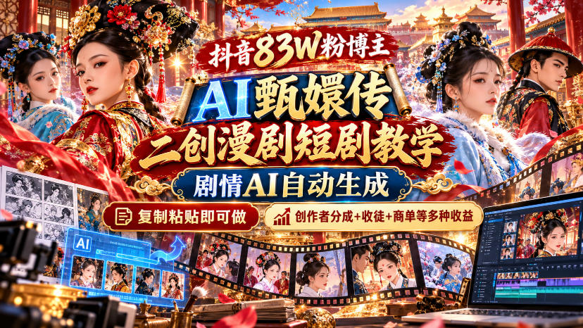 抖音83W粉博主AI甄嬛传二创漫剧短剧教学｜剧情AI自动生成，复制粘贴即可做，各大平台创作者分成+收徒等多种收益-优优云网创