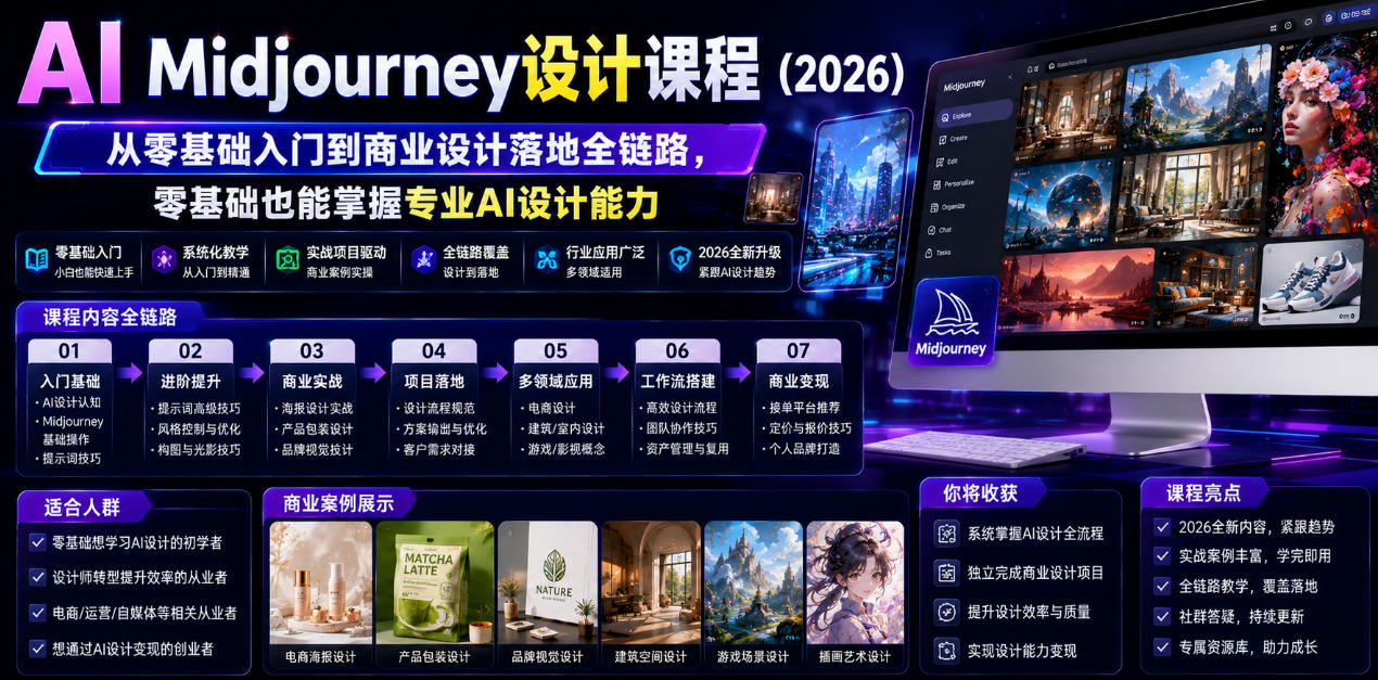 AI Midjourney设计课程（2026），从零基础入门到商业设计落地全链路，零基础也能掌握专业AI设计能力（更新0913）-优优云网创