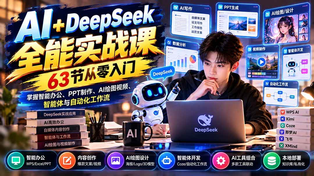 （21141期）AI+DeepSeek全能实战课：63节从零入门，掌握智能办公、PPT制作、AI绘图视频、智能体与自动化工作流-优优云网创