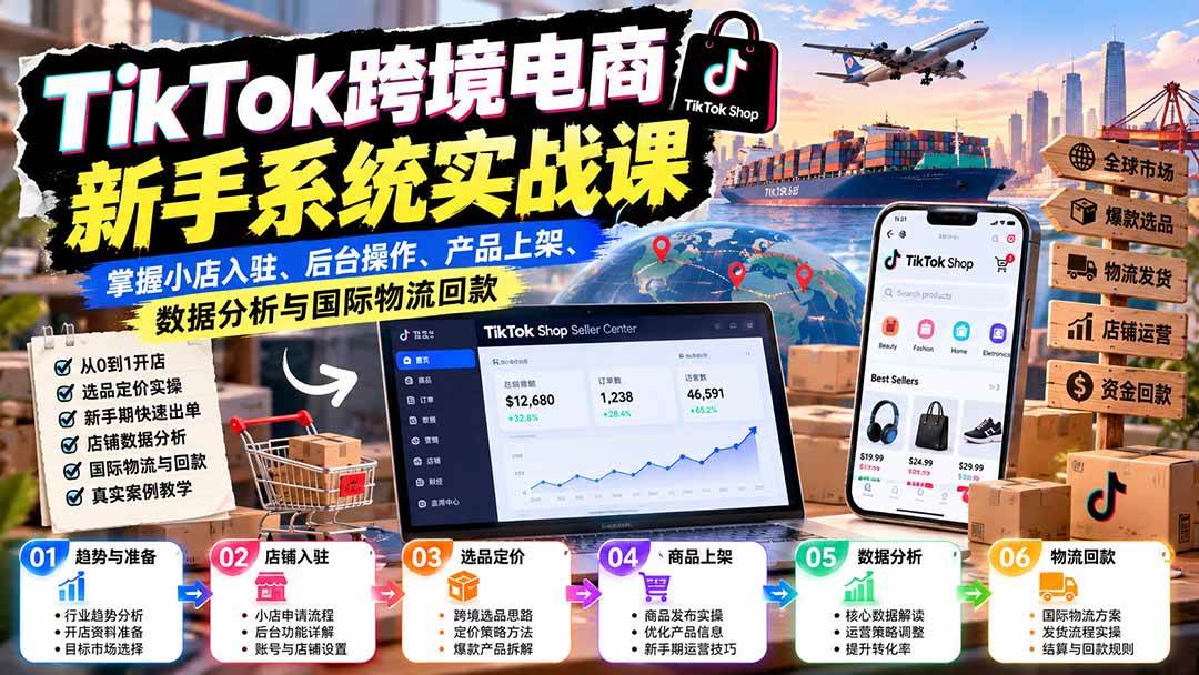 （20672期）TikTok跨境电商新手系统实战课：掌握小店入驻、后台操作、产品上架、数据分析与国际物流回款-优优云网创