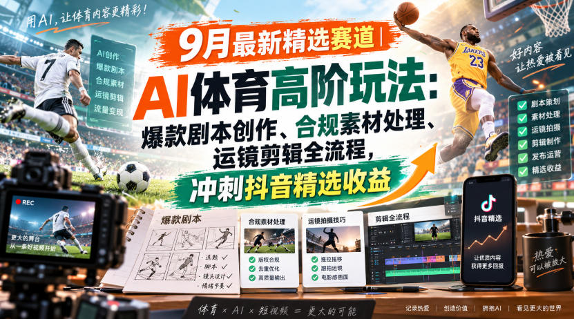 某大佬的9月最新精选赛道之AI体育顶级玩法，爆款剧本创作、版权规避、运镜剪辑全流程，稳拿抖音精选收益-优优云网创