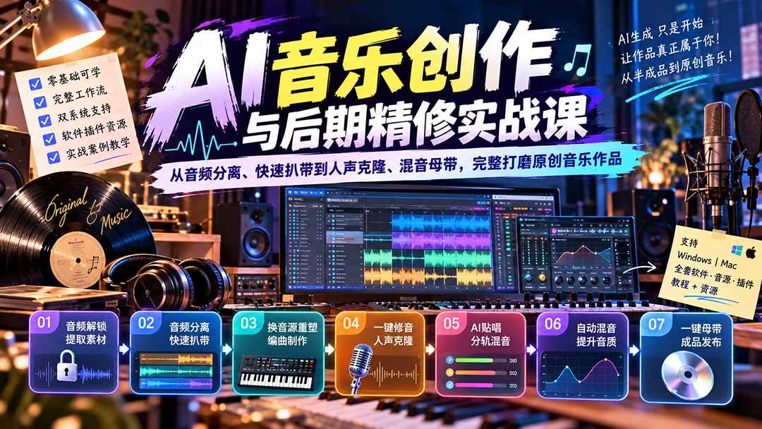 （20652期）AI音乐创作与后期精修实战课：从音频分离、快速扒带到人声克隆、混音母带，完整打磨原创音乐作品-优优云网创