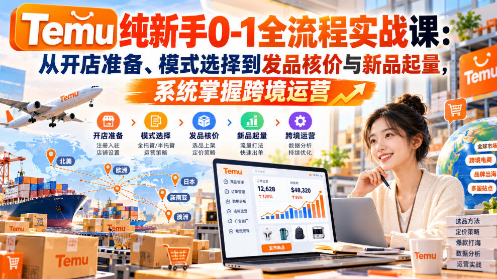 【无水印】Temu纯新手0-1全流程实战课：从开店准备、模式选择到发品核价与新品起量，系统掌握跨境运营-优优云网创