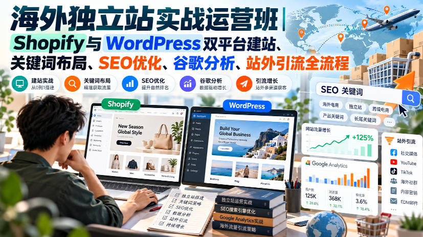 海外独立站实战运营班｜Shopify与WordPress双平台建站、关键词布局、SEO优化、谷歌分析、站外引流全流程-优优云网创