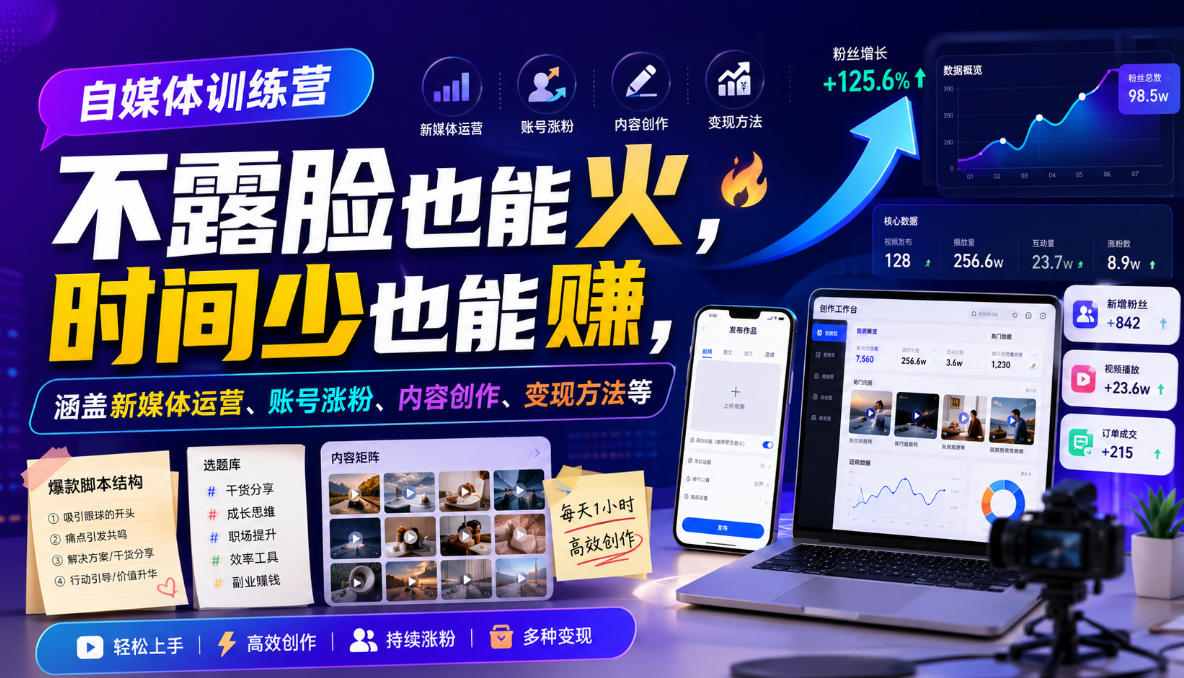 自媒体训练营，不露脸也能火，时间少也能賺，涵盖新媒体运营、账号涨粉、内容创作、变现方法等-优优云网创