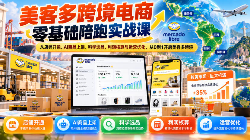 美客多跨境电商零基础陪跑实战课：从店铺开通、AI商品上架、科学选品、利润核算与运营优化，从0到1开启美客多跨境-优优云网创