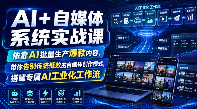 AI+自媒体系统实战课，依靠AI批量生产爆款内容，带你告别传统低效的自媒体创作模式，搭建专属AI工业化工作流-优优云网创