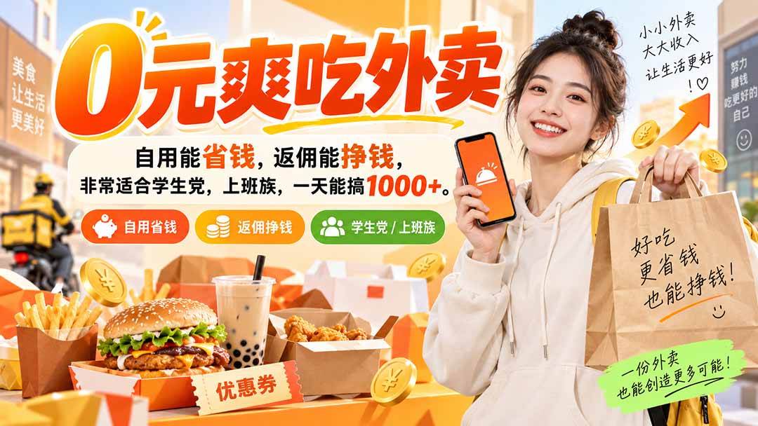 (20309期)0元爽吃外卖,自用能省钱,返佣能挣钱,非常适合学生党,上班族,一天能搞1000+-优优云网创