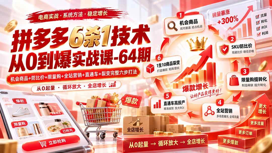 (20315期)拼多多6杀1技术从0到爆实战课-64期:机会商品+防比价+限量购+全站营销+直通车+裂变完整六步打法-优优云网创