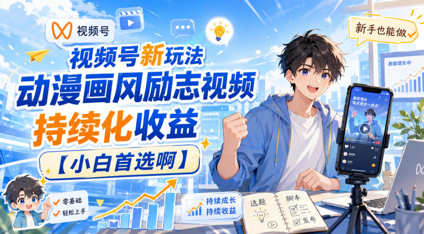视频号新玩法动漫画风励志视频，持续化收益【小白首选啊】-优优云网创