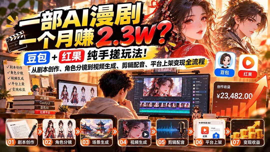 （21089期）一部AI漫剧一个月赚2.3W？豆包+红果纯手搓玩法！从剧本创作、角色分镜到视频生成、剪辑配音、平台上架变现全流程-优优云网创