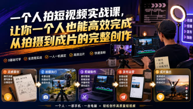 一个人拍短视频实战课,让你一个人也能高效完成从拍摄到成片的完整创作-优优云网创