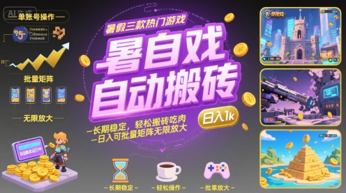 暑假三款热门游戏自动搬砖，长期稳定，轻松搬砖吃肉，日入1k ，可批量矩阵无限放大【揭秘】-优优云网创
