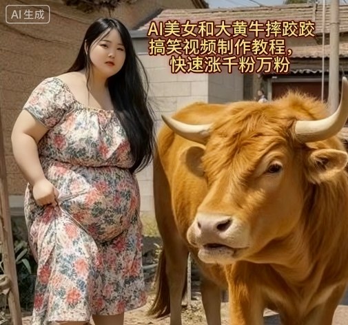 AI美女和大黄牛摔跤搞笑荒诞视频制作教程，快速涨千粉万粉-优优云网创