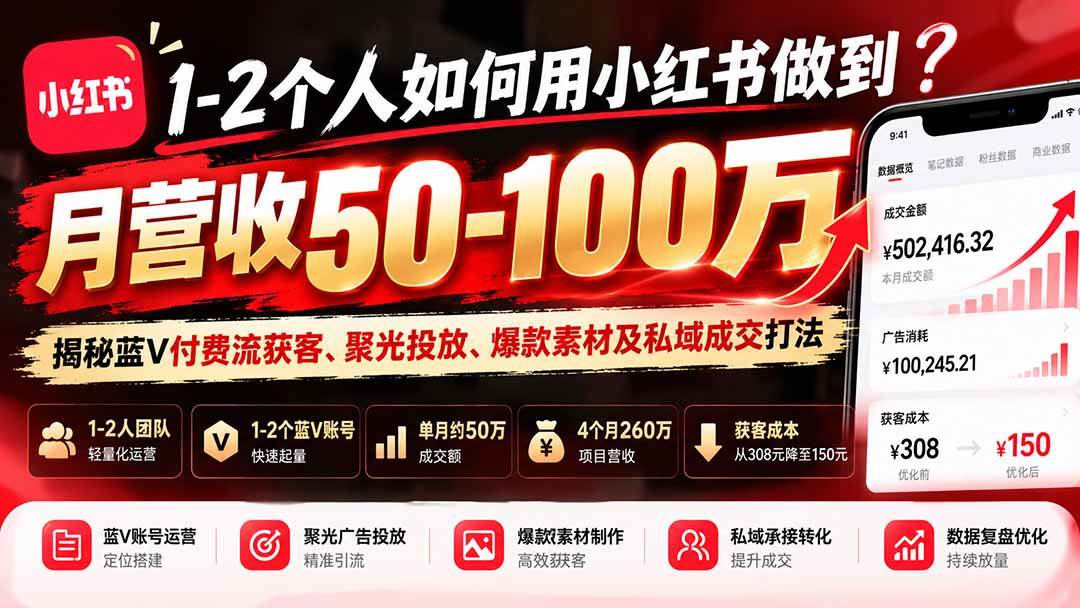 （20939期）1-2个人如何用小红书做到月营收50-100万？揭秘蓝V付费流获客、聚光投放、爆款素材及私域成交打法-优优云网创