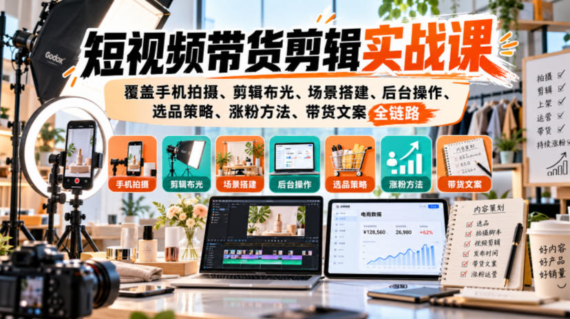 短视频带货剪辑实战课，覆盖手机拍摄、剪辑布光、场景搭建、后台操作、选品策略、涨粉方法、带货文案全链路-优优云网创