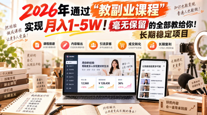2026年通过“教副业课程”实现月入1-5W！毫无保留的全部教给你！长期稳定项目【揭秘】-优优云网创