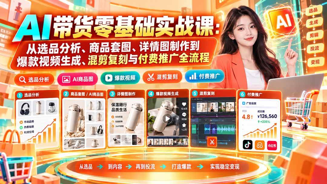 （20856期）AI带货零基础实战课：从选品分析、商品套图、详情图制作到爆款视频生成、混剪复刻与付费推广全流程-优优云网创