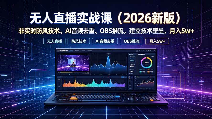 (19292期)无人直播实战课(更新7月),非实时防风技术、AI音频去重、OBS推流,建立技术壁垒,月入5w+-优优云网创