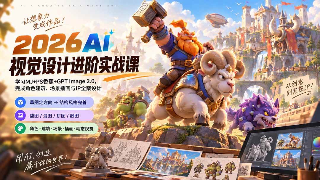 （20424期）2026AI视觉设计进阶实战课-更新：学习MJ+PS香蕉+GPT Image 2.0，完成角色建筑、场景插画与IP全案设计-优优云网创