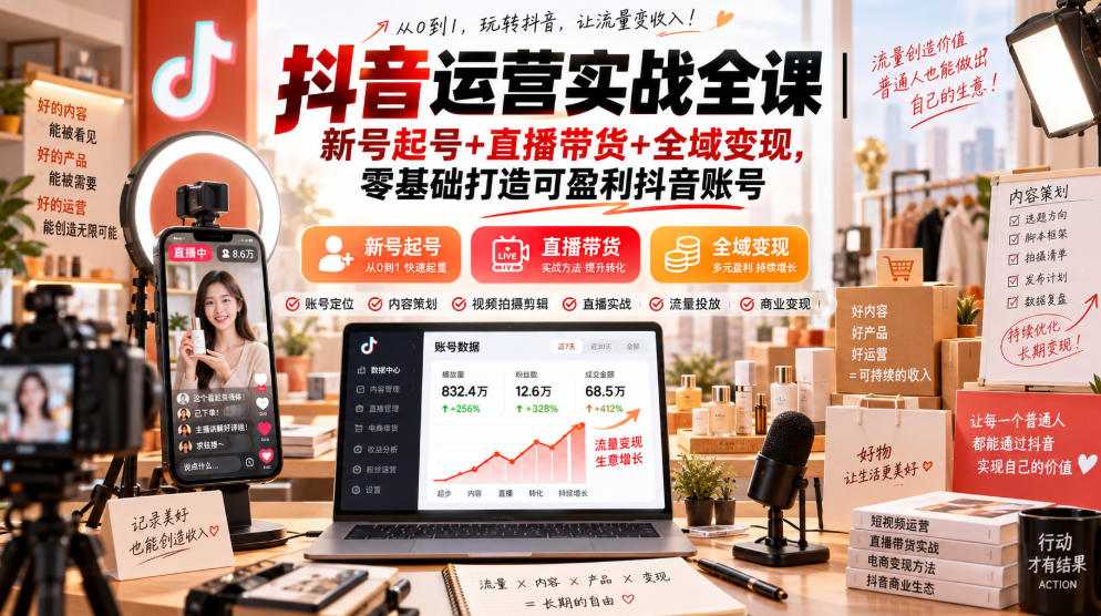 抖音运营实战全课｜新号起号+直播带货+全域变现，零基础打造可盈利抖音账号-优优云网创