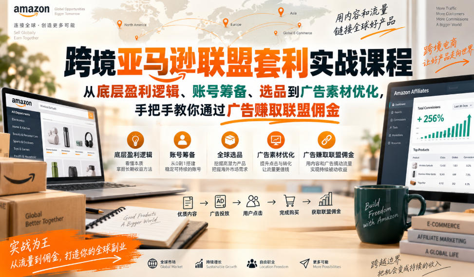 跨境亚马逊联盟套利实战课程，从底层盈利逻辑、账号筹备、选品到广告素材优化，手把手教你通过广告賺取联盟佣金-优优云网创