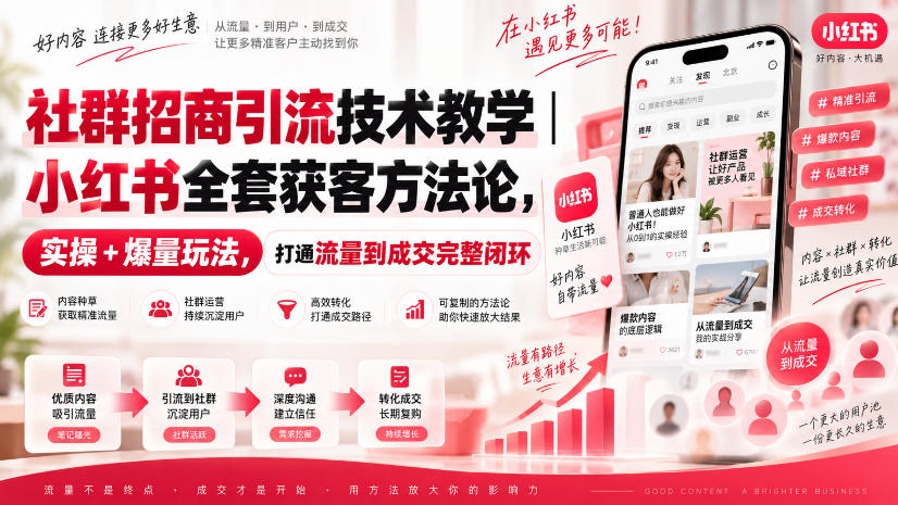 社群招商引流技术教学｜小红书全套获客方法论，实操+爆量玩法，打通流量到成交完整闭环-优优云网创