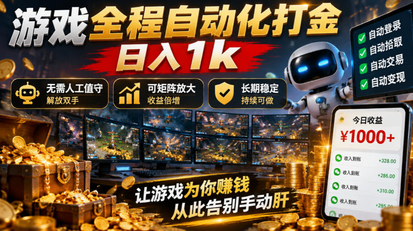 游戏全程自动化打金，日入1k，无需人工值守，解放双手，可矩阵放大，长期稳定【揭秘】-优优云网创