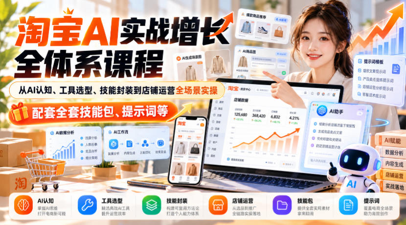 淘宝AI实战增长全体系课程，从AI认知、工具选型、技能封装到店铺运营全场景实操，配套全套技能包、提示词等-优优云网创