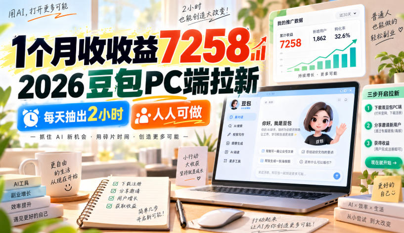 1个月收收益7258，2026豆包PC端拉新，每天抽出2小时，人人可做-优优云网创
