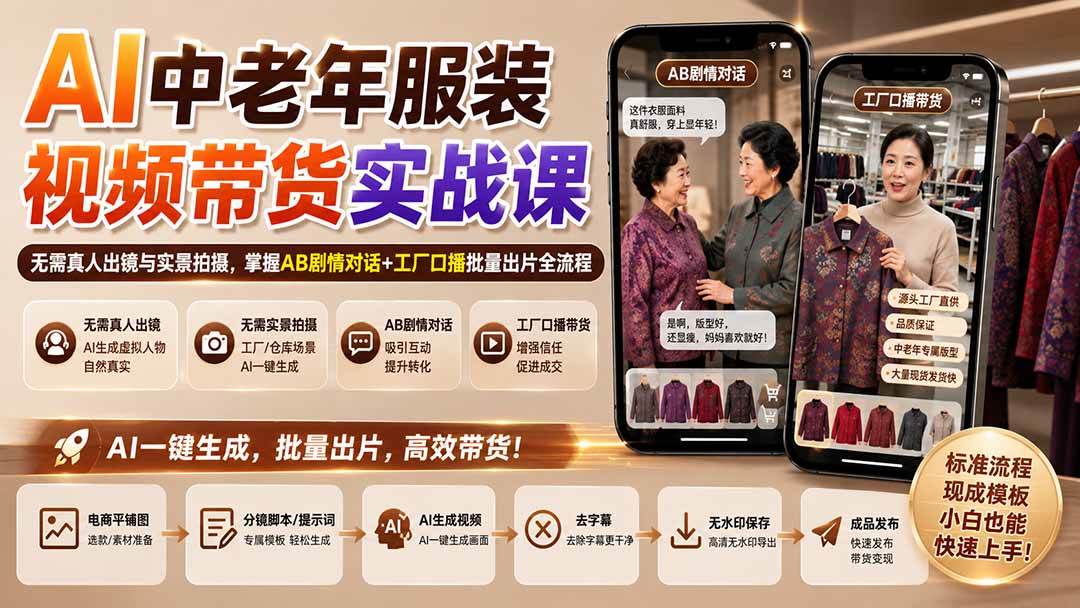 （20198期）AI中老年服装视频带货实战课：无需真人出镜与实景拍摄，掌握AB剧情对话+工厂口播批量出片全流程-优优云网创