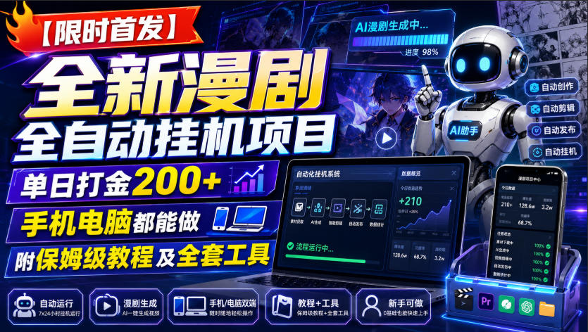 【限时首发】全新漫剧全自动挂G项目，单日打金200+，手机电脑都能做，附保姆级教程及全套工具【揭秘】-优优云网创