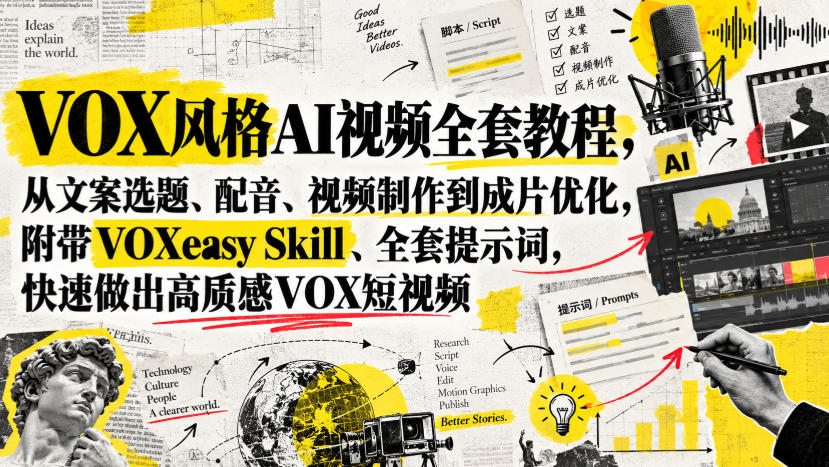 VOX风格AI视频全套教程，从文案选题、配音、视频制作到成片优化，附带VOXeasy Skill、全套提示词，快速做出高质感VOX短视频-优优云网创