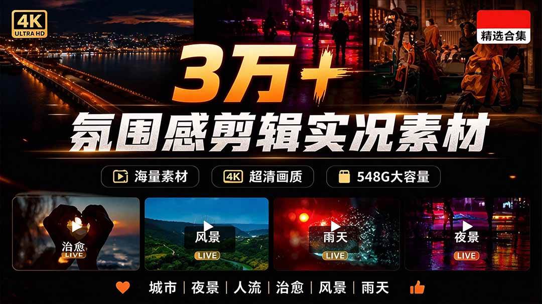（21009期）氛围感3万+海量高清剪辑实况素材，含雨天、雪天、夜景、街道等经典场景，伤感唯美励志短视频无水印素材-优优云网创