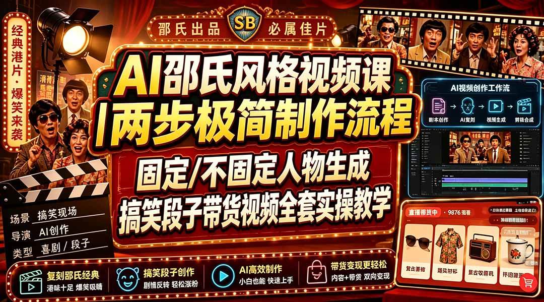 （19602期）AI邵氏风格视频课｜两步极简制作流程，固定/不固定人物生成，搞笑段子带货视频全套实操教学-优优云网创