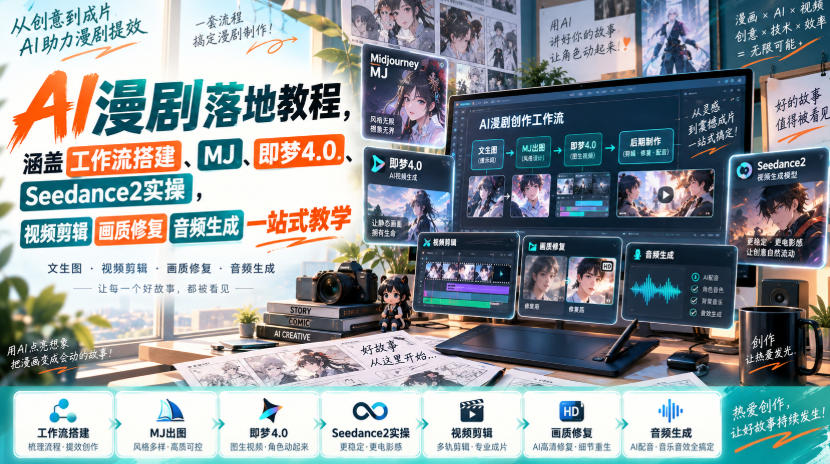AI漫剧落地教程，涵盖工作流搭建、MJ、即梦4.0、Seedance2实操，视频剪辑画质修复音频生成一站式教学-优优云网创