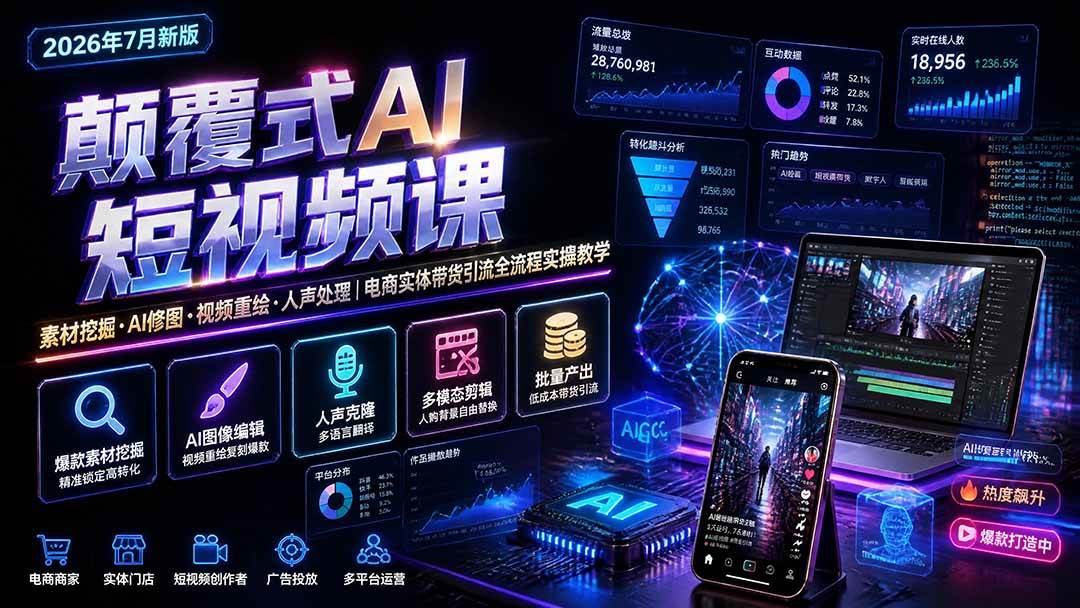 (20602期)颠覆式AI短视频课-更新|素材挖掘,AI修图,视频重绘,人声处理|电商实体带货引流全流程实操教学-优优云网创