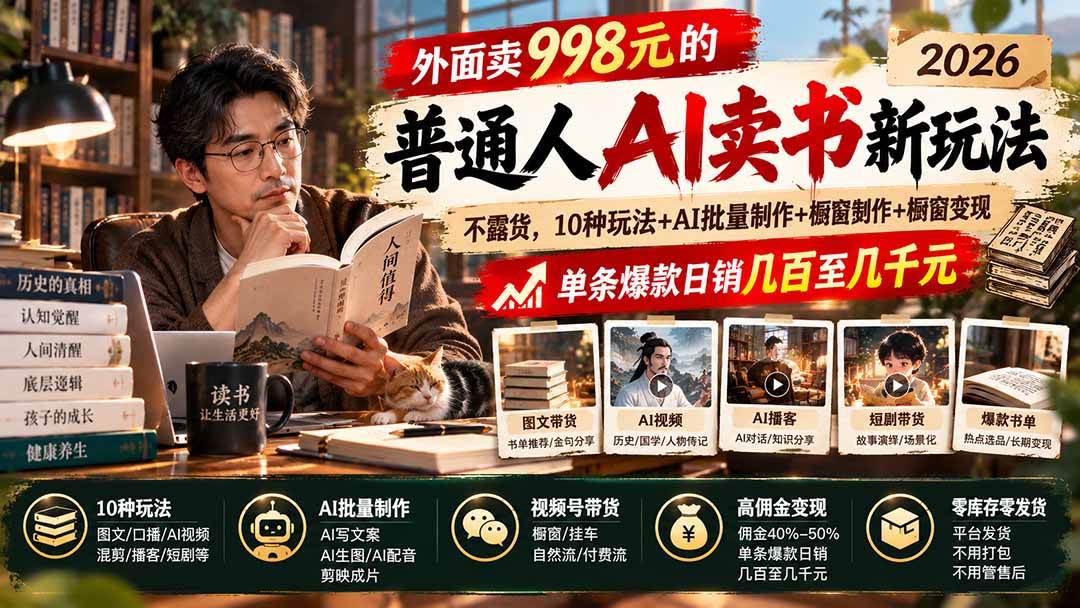 （20909期）外面卖998元的2026普通人AI卖书新玩法：不露脸、不囤货，10种玩法+AI批量制作+橱窗变现，单条爆款日销几百至几千元-优优云网创