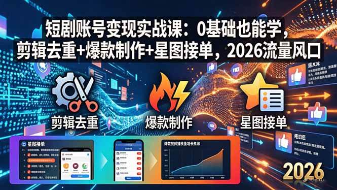 （18160期）短剧账号变现实战课：0基础也能学，剪辑去重+爆款制作+星图接单，2026流量风口-优优云网创