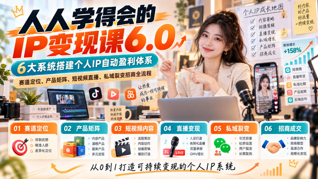 人人学得会的IP变现课6.0，6大系统搭建个人IP自动盈利体系，赛道定位、产品矩阵、短视频直播、私域裂变招商全流程-优优云网创