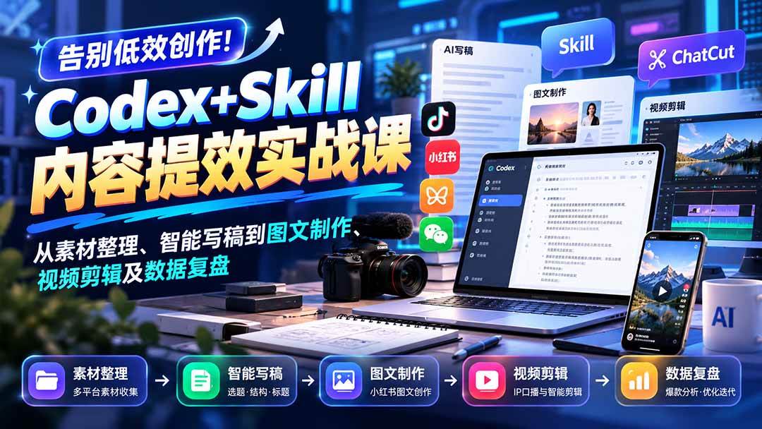 （20915期）【无水印】告别低效创作！Codex+Skill内容提效实战课：从素材整理、智能写稿到图文制作、视频剪辑及数据复盘-优优云网创